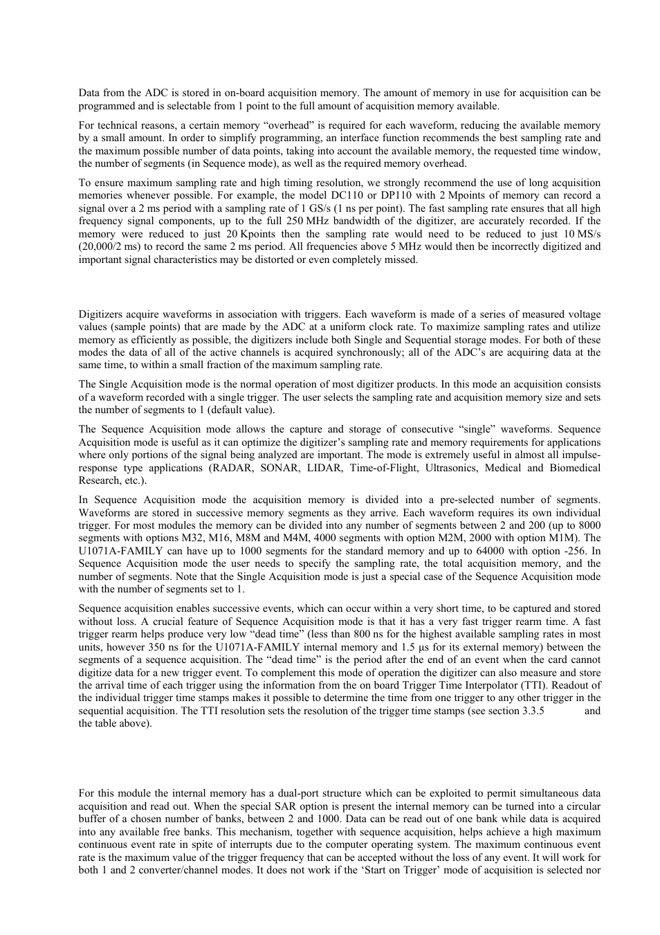 Acquisition memory, Single and sequence acquisition modes | Agilent Technologies DP111 User Manual | Page 25 / 59
