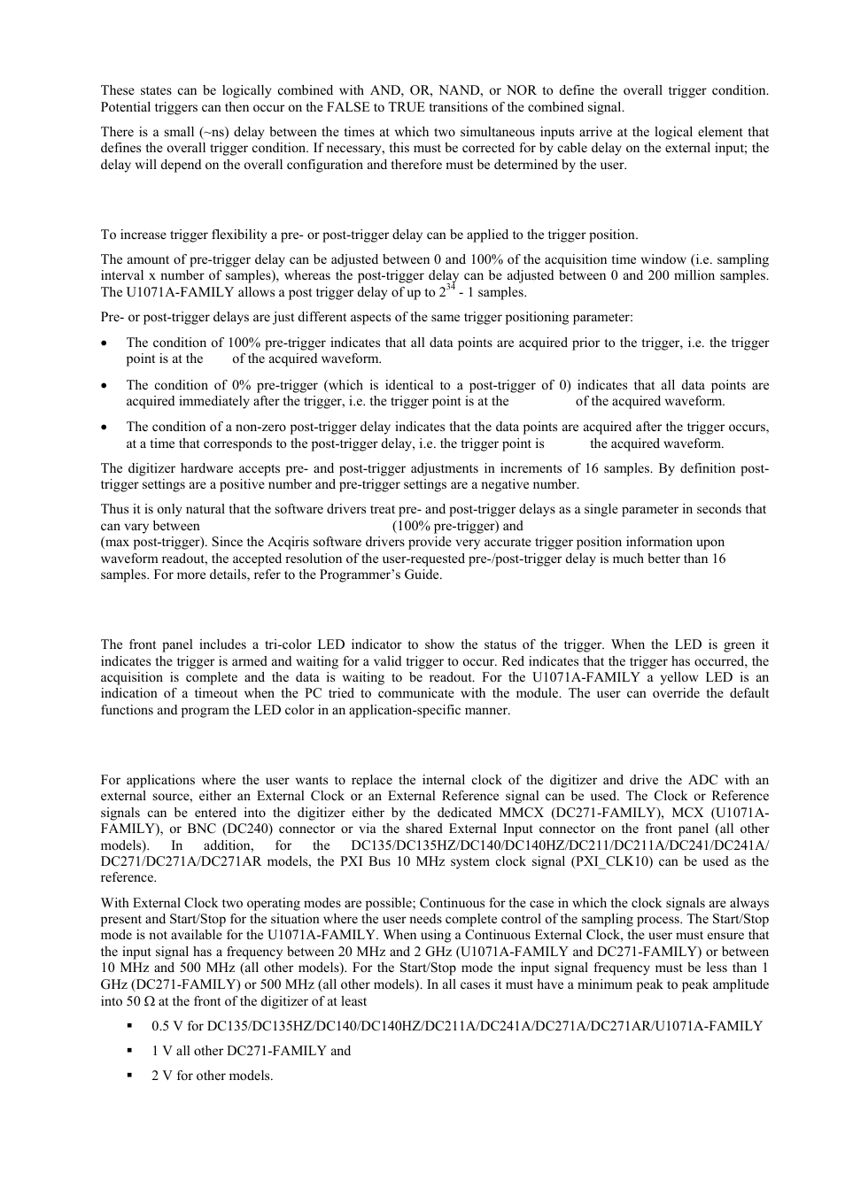 Pre- and post-trigger delay, Trigger status, External clock and reference | Agilent Technologies DP111 User Manual | Page 28 / 59