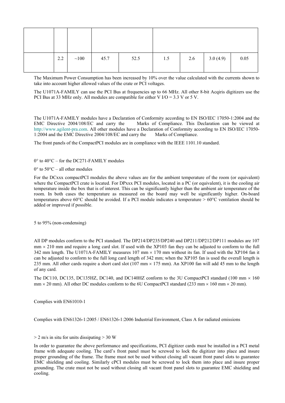 Environmental and physical, Operating temperature, Relative humidity | Dimensions, Safety, Emc immunity & emissions, Required airflow | Agilent Technologies DP111 User Manual | Page 32 / 59