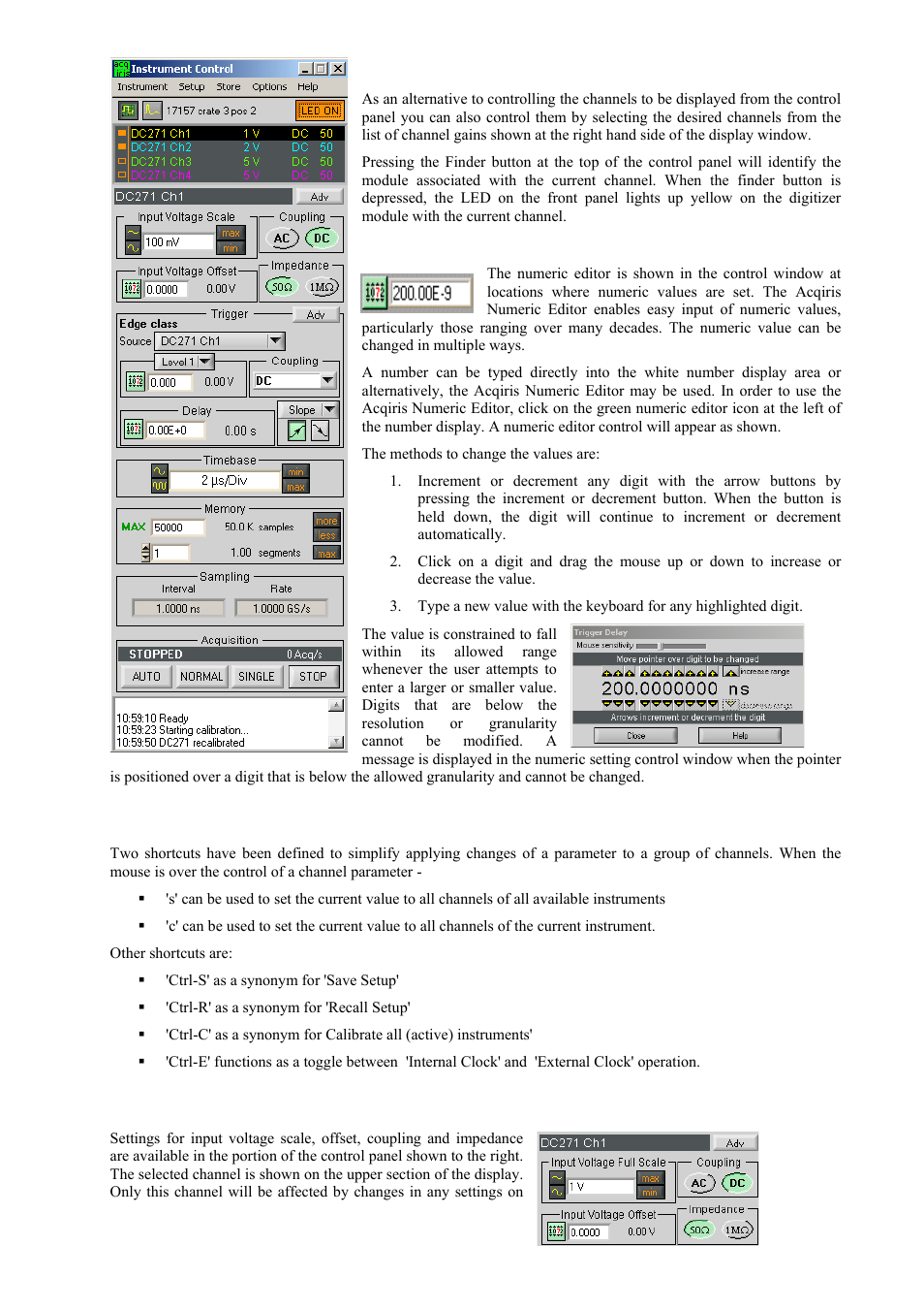 Numeric editor, Keyboard shortcuts, Input voltage scale, offset and coupling | Agilent Technologies DP111 User Manual | Page 36 / 59