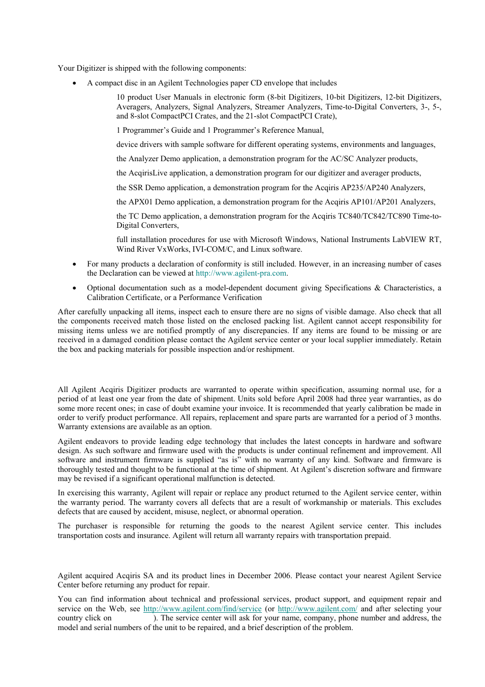 Packaging and handling, Warranty | Agilent Technologies DP111 User Manual | Page 8 / 59