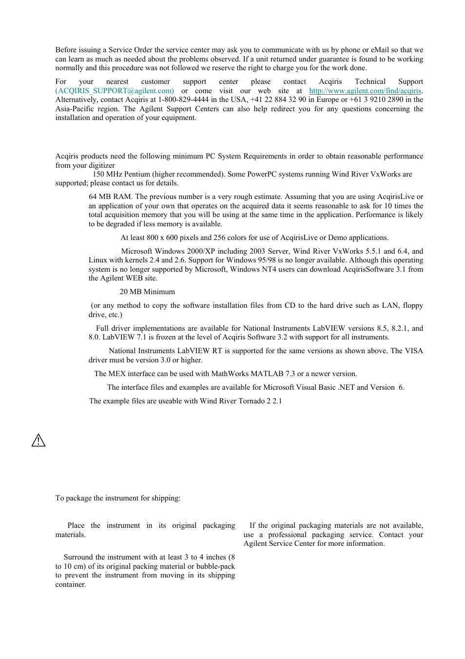 System requirements, Transport & shipping | Agilent Technologies DP111 User Manual | Page 9 / 59