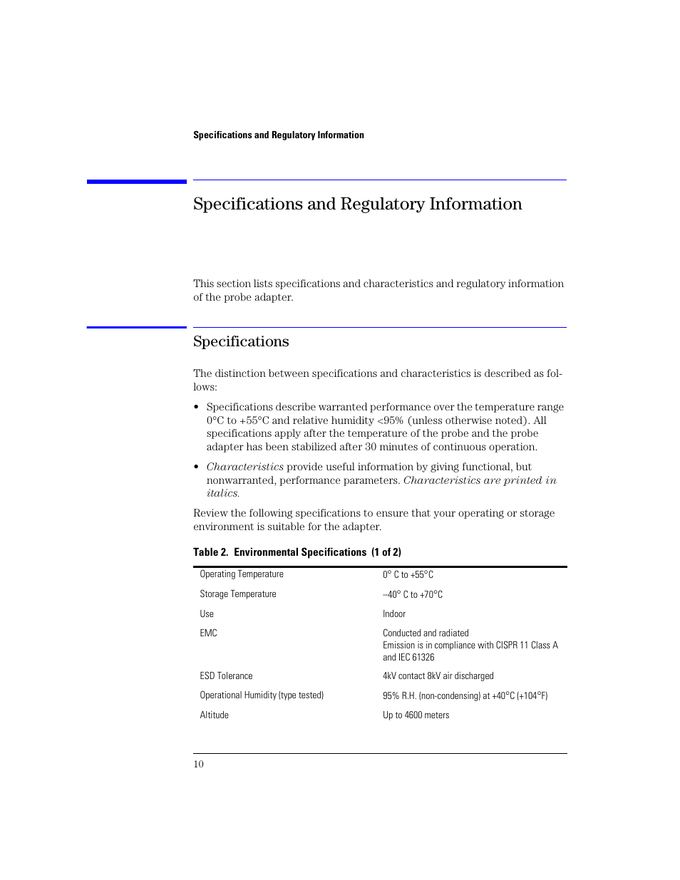 Specifications and regulatory information, Specifications, Specifications and regulatory information 10 | Specifications 10 | Agilent Technologies N1022A User Manual | Page 14 / 24
