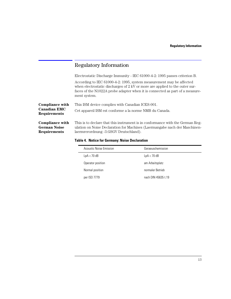 Regulatory information, Regulatory information 13 | Agilent Technologies N1022A User Manual | Page 17 / 24