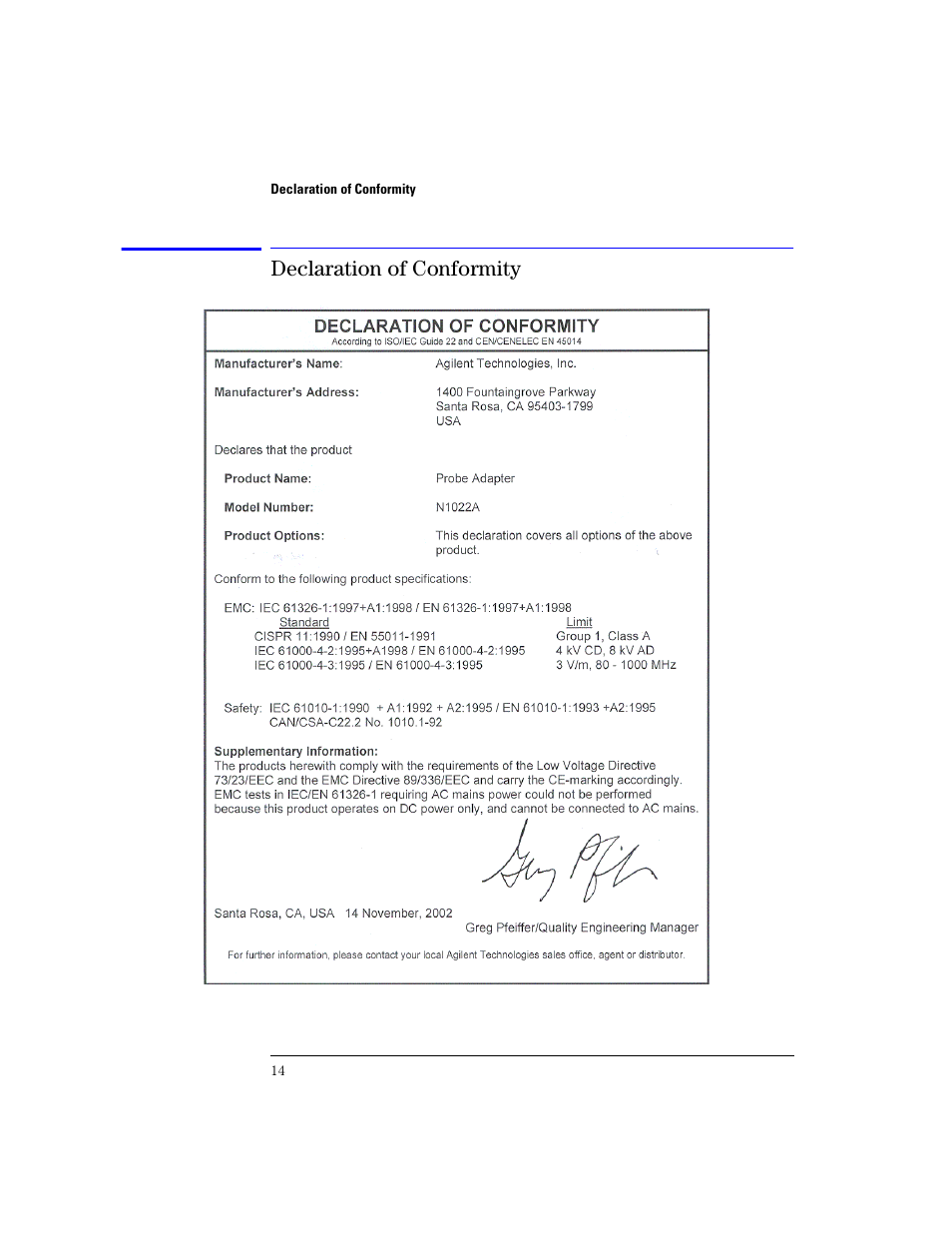 Declaration of conformity, Declaration of conformity 14 | Agilent Technologies N1022A User Manual | Page 18 / 24