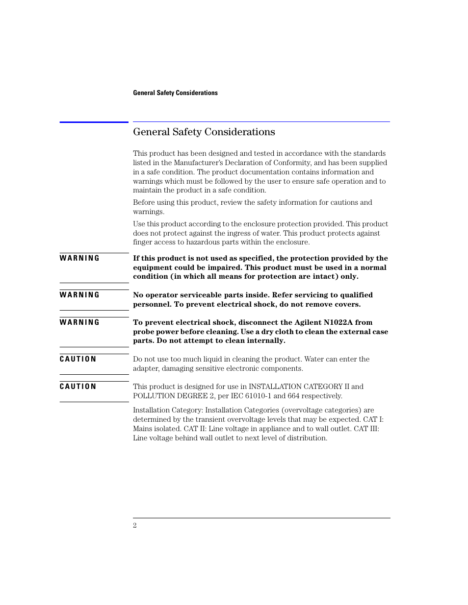 General safety considerations, General safety considerations 2 | Agilent Technologies N1022A User Manual | Page 6 / 24
