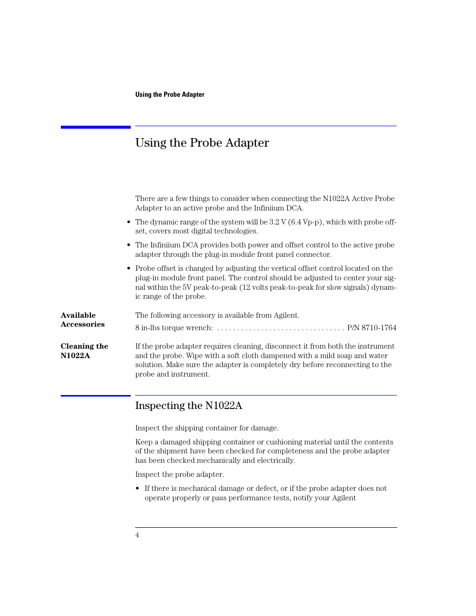 Using the probe adapter, Inspecting the n1022a, Using the probe adapter 4 | Inspecting the n1022a 4 | Agilent Technologies N1022A User Manual | Page 8 / 24