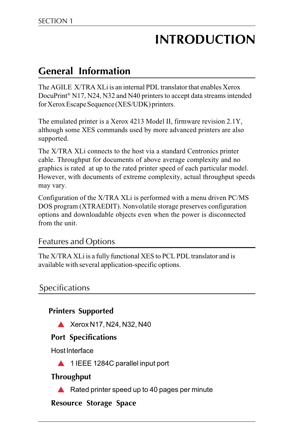 Introduction, General information, Features and options | Specifications, Printers supported, Port specifications, Throughput, Resource storage space, General information -1, Features and options -1 specifications -1 | Agilent Technologies N-Series User Manual | Page 11 / 90