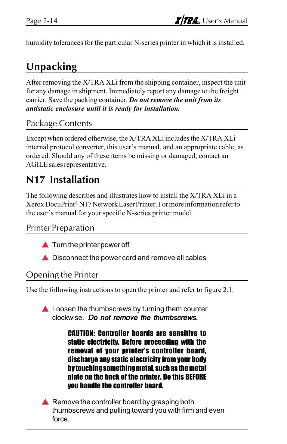 Unpacking, Package contents, N17 installation | Printer preparation, Opening the printer, Unpacking -2, Package contents -2, N17 installation -2, Printer preparation -2 opening the printer -2 | Agilent Technologies N-Series User Manual | Page 14 / 90