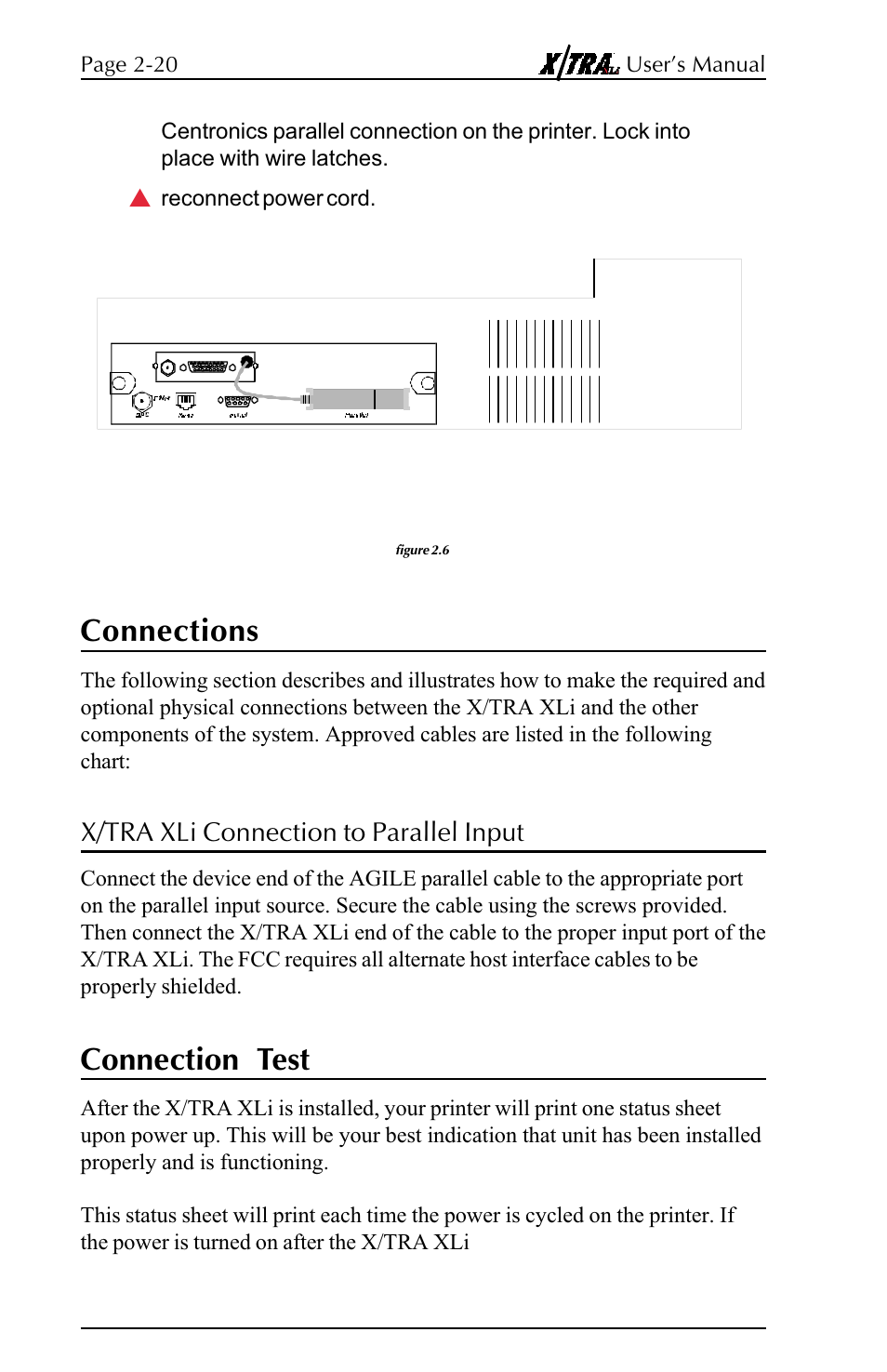 Connections, X/tra xli connection to parallel input, Connection test | Connections -8, X/tra xli connection to parallel input -8, Connection test -8 | Agilent Technologies N-Series User Manual | Page 20 / 90