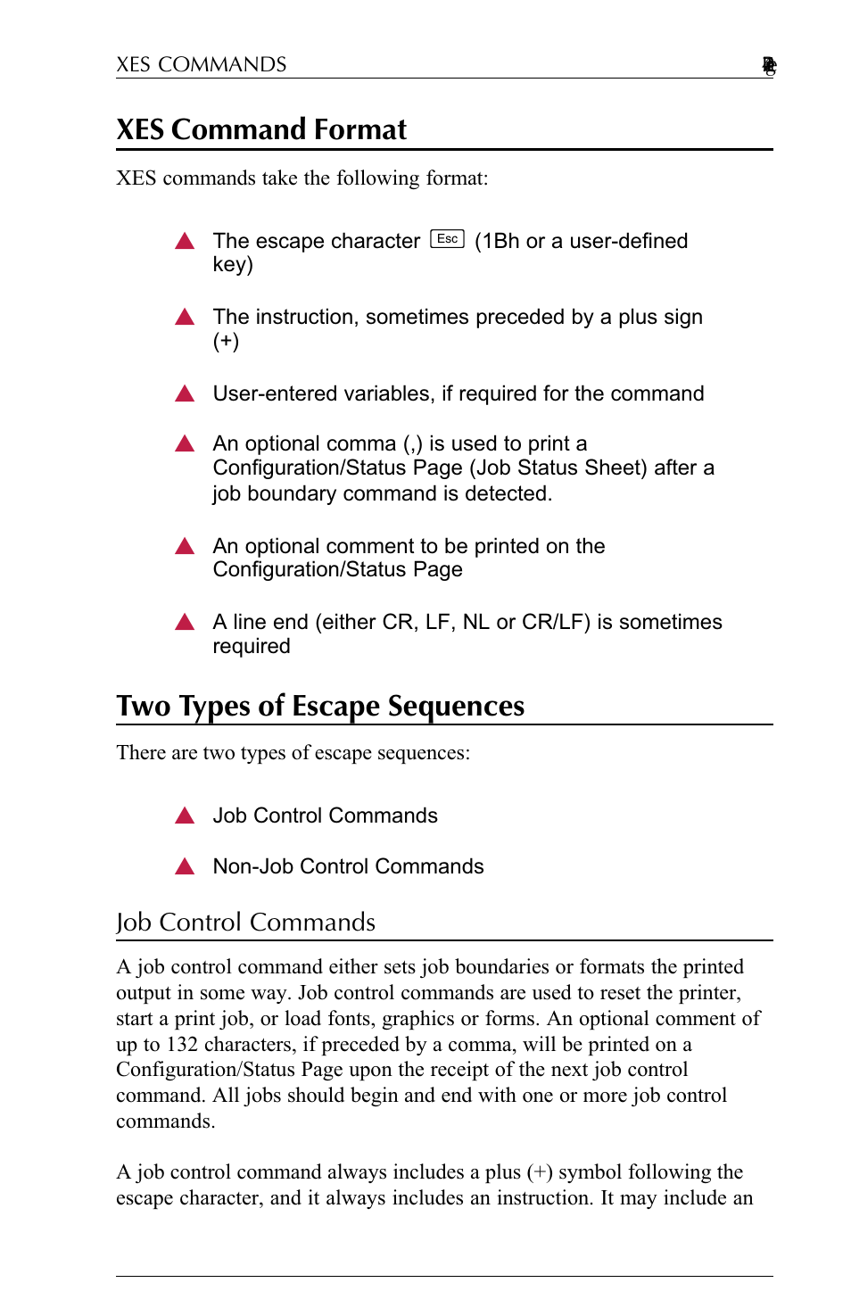 Xes command format, Two types of escape sequences, Job control commands | Job control commands -4 | Agilent Technologies N-Series User Manual | Page 28 / 90