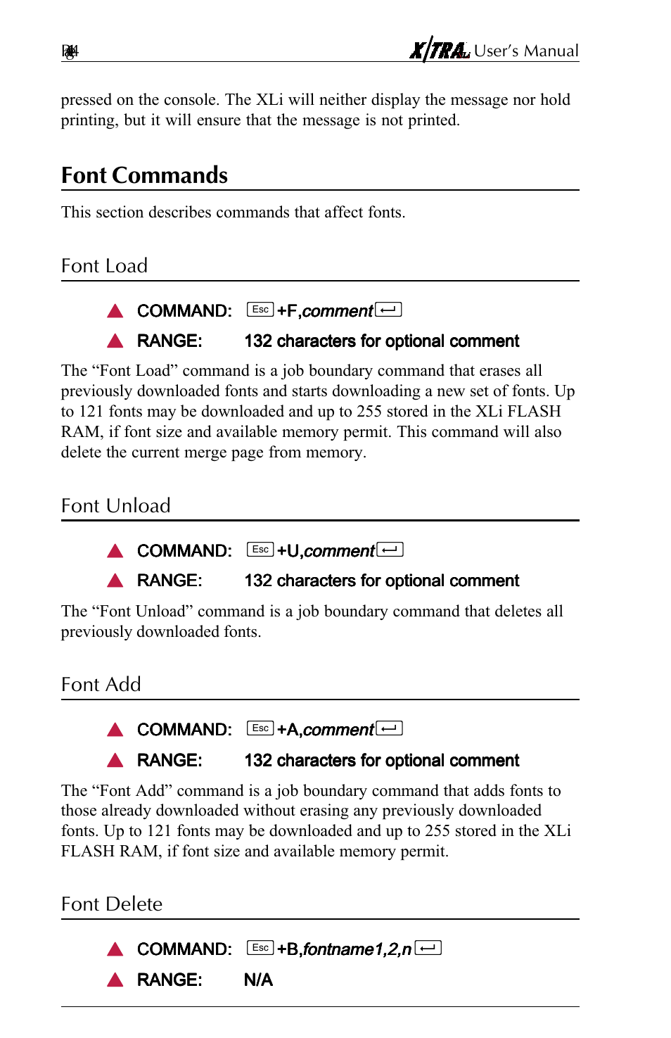 Font commands, Font load, Font unload | Font add, Font delete, Font commands -11 | Agilent Technologies N-Series User Manual | Page 35 / 90