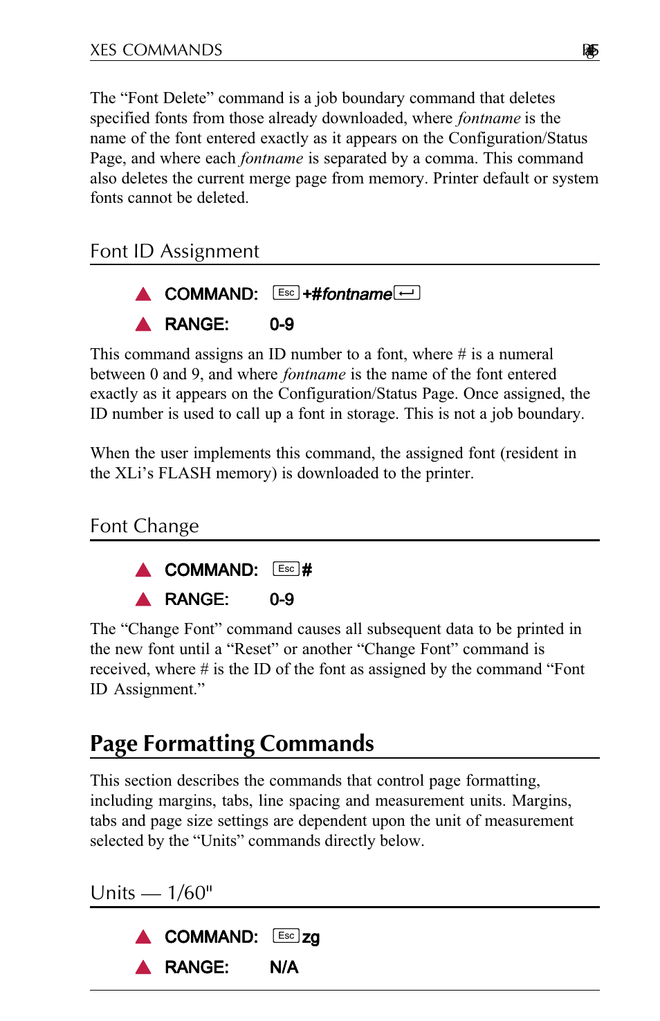 Font id assignment, Font change, Units - 1/60 | Font id assignment -12 font change -12, Units — 1/60" -12, Page formatting commands, Units — 1/60 | Agilent Technologies N-Series User Manual | Page 36 / 90