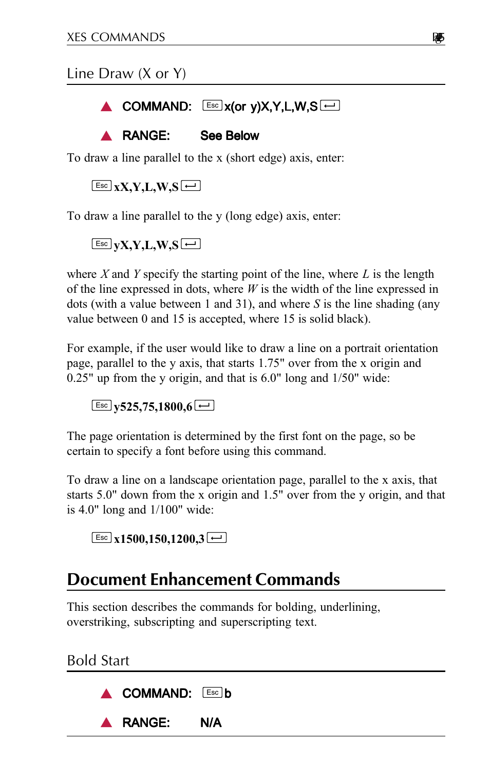 Line draw (x or y), Document enhancement commands, Bold start | Line draw (x or y) -22, Document enhancement commands -22, Bold start -22 | Agilent Technologies N-Series User Manual | Page 46 / 90