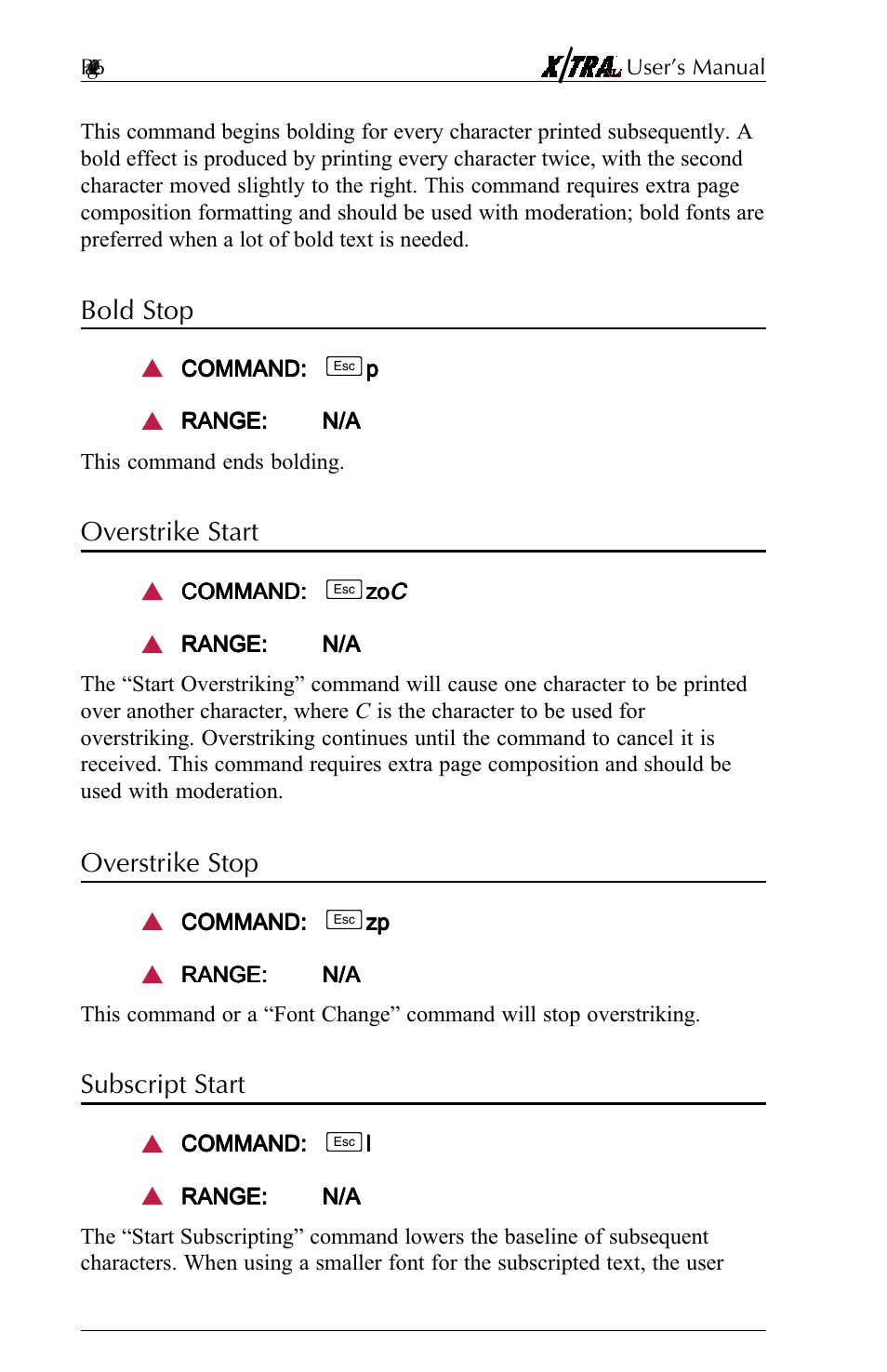 Bold stop, Overstrike start, Overstrike stop | Subscript start, Subscript start -23 | Agilent Technologies N-Series User Manual | Page 47 / 90