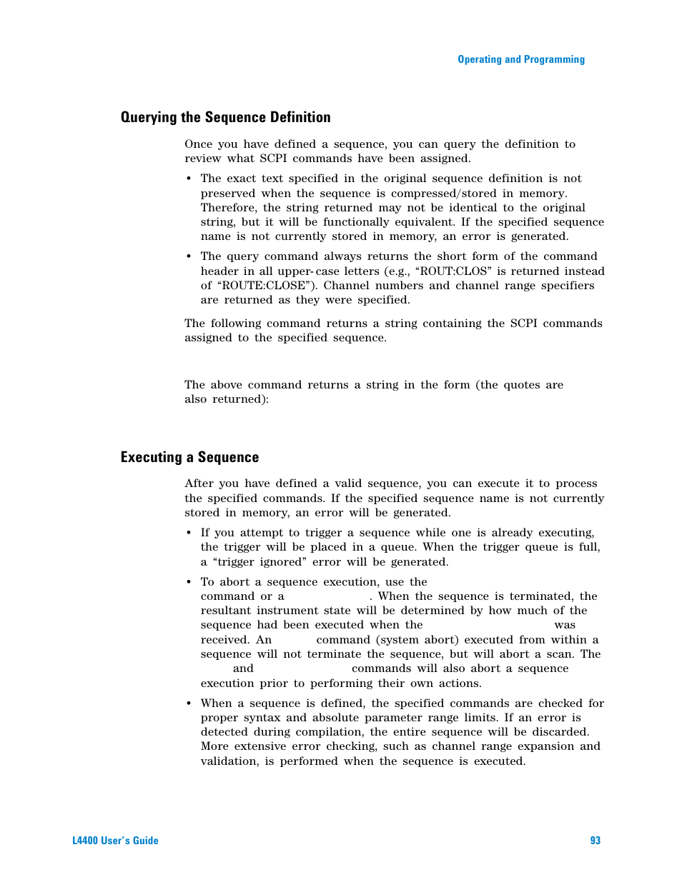 Querying the sequence definition, Executing a sequence | Agilent Technologies L4400 User Manual | Page 105 / 281