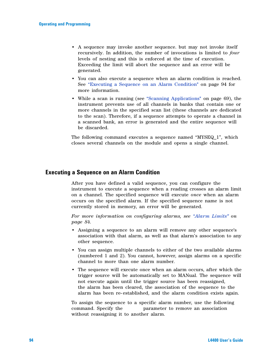 Executing a sequence on an alarm condition | Agilent Technologies L4400 User Manual | Page 106 / 281