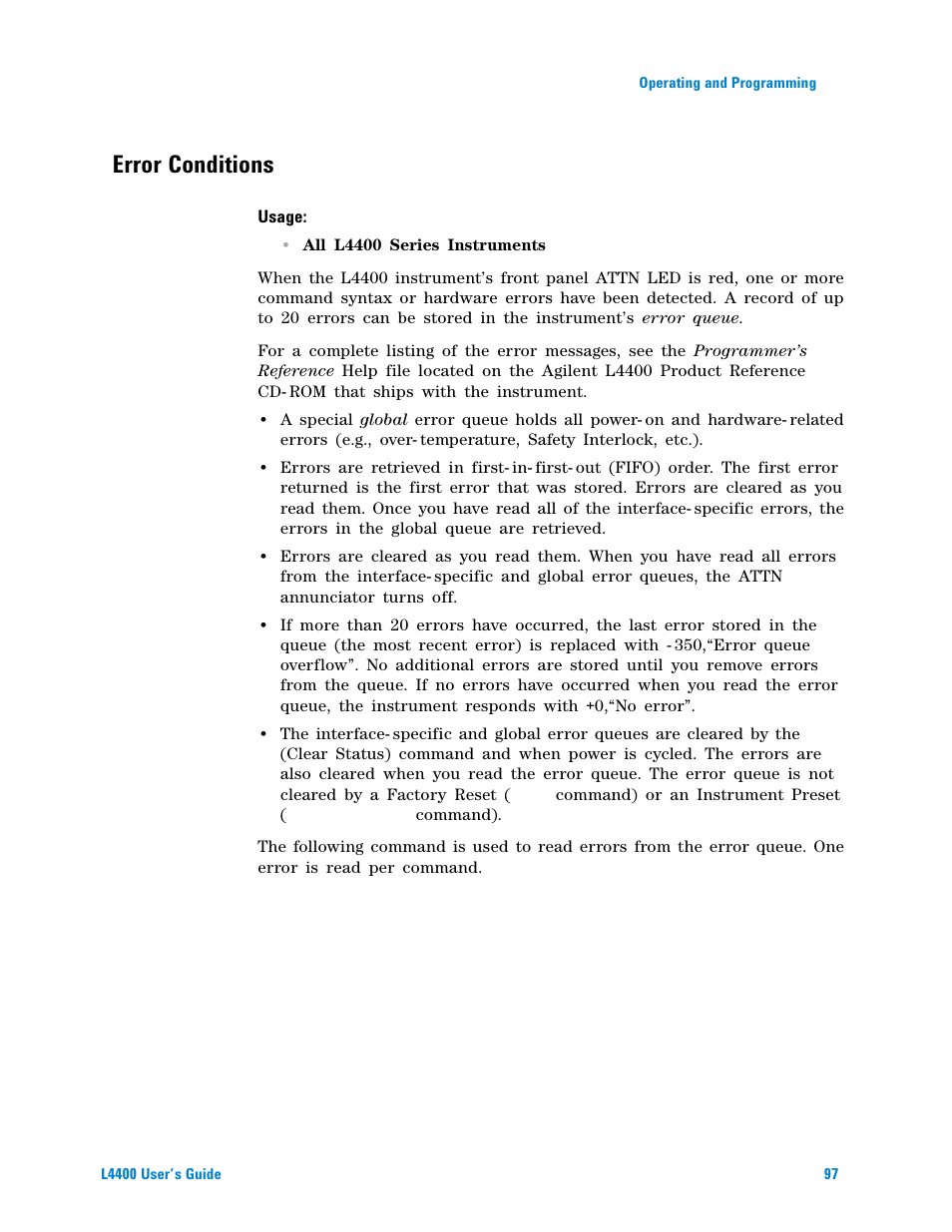 Error conditions | Agilent Technologies L4400 User Manual | Page 109 / 281