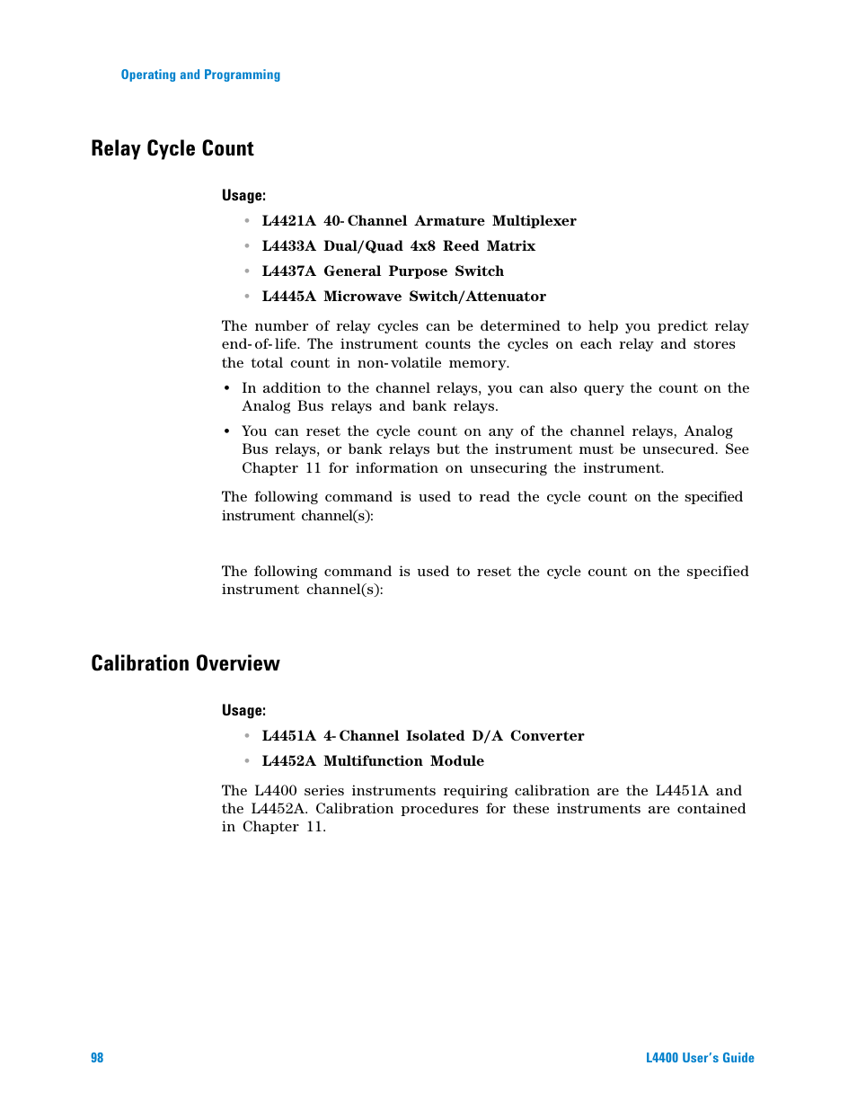 Relay cycle count, Calibration overview | Agilent Technologies L4400 User Manual | Page 110 / 281