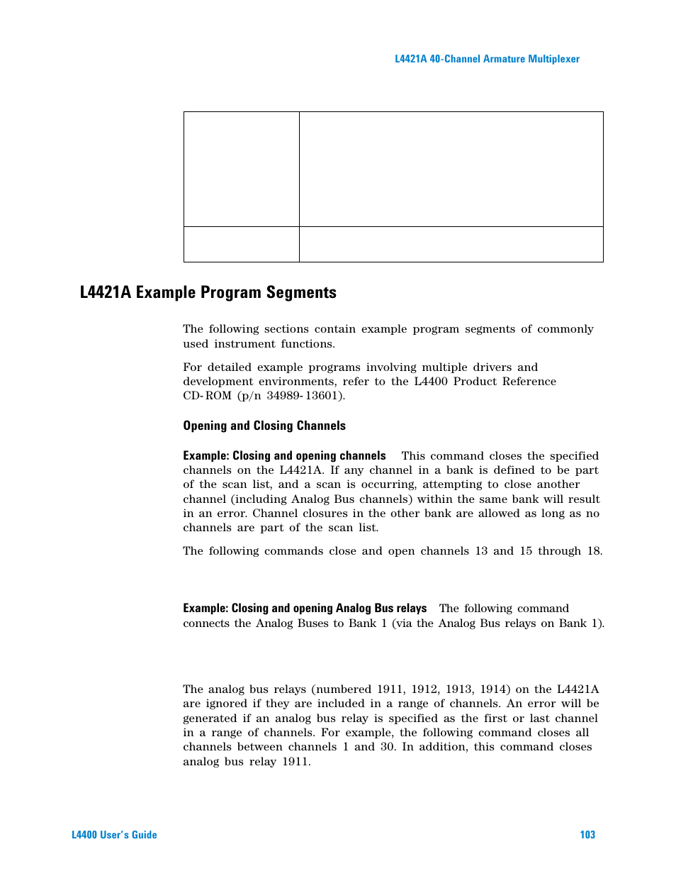 L4421a example program segments, Opening and closing channels | Agilent Technologies L4400 User Manual | Page 115 / 281