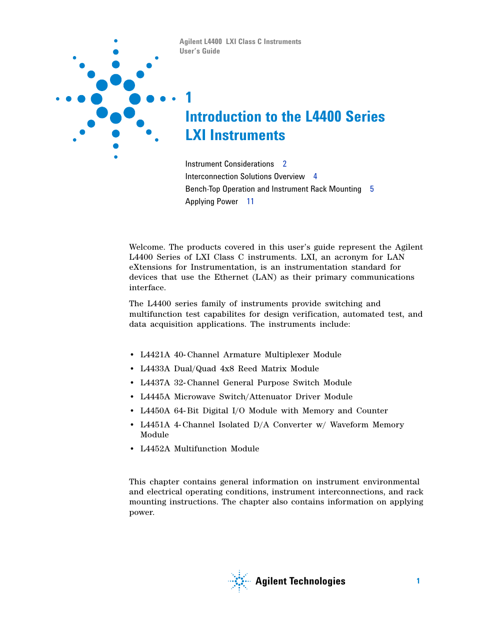 Introduction to the l4400 series lxi instruments | Agilent Technologies L4400 User Manual | Page 13 / 281