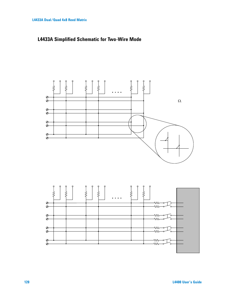 Tics on, L4433a simplified schematic for two-wire mode, Row 8 row 7 row 6 | Agilent Technologies L4400 User Manual | Page 132 / 281