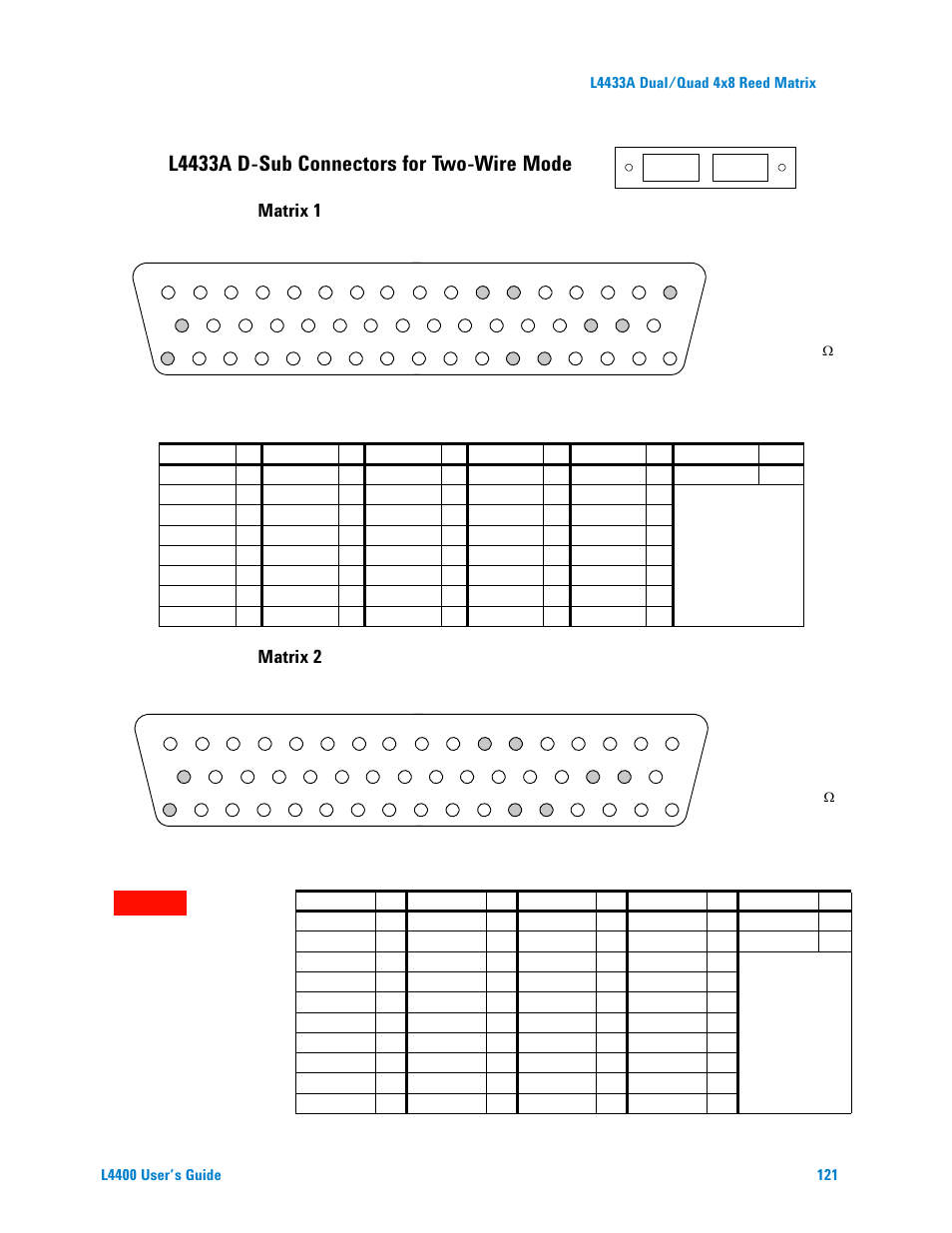 Matrix 1, Matrix 2, L4433a d-sub connectors for two-wire mode | Pin d-sub male connector | Agilent Technologies L4400 User Manual | Page 133 / 281