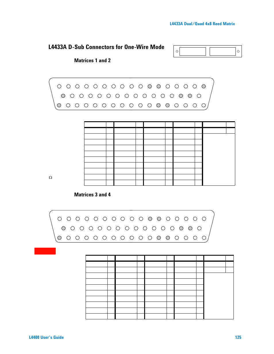 Matrices 1 and 2, Matrices 3 and 4, L4433a d-sub connectors for one-wire mode | 2r4 means matrix 2 , r ow 4, 1c5 means matrix 1 , c olumn 5 | Agilent Technologies L4400 User Manual | Page 137 / 281