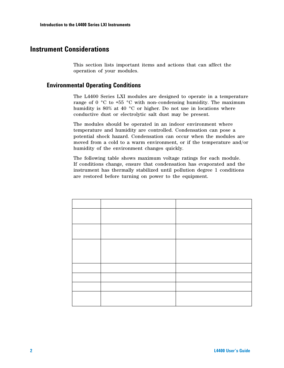 Instrument considerations, Environmental operating conditions | Agilent Technologies L4400 User Manual | Page 14 / 281