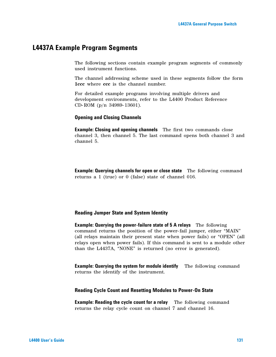 L4437a example program segments, Opening and closing channels, Reading jumper state and system identity | Agilent Technologies L4400 User Manual | Page 143 / 281