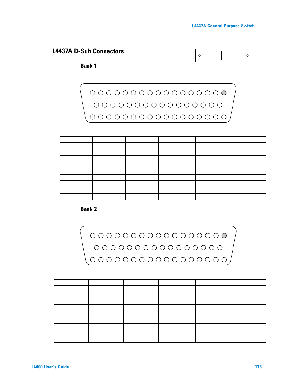 Bank 1, Bank 2, L4437a d-sub connectors | L4437a general purpose switch | Agilent Technologies L4400 User Manual | Page 145 / 281