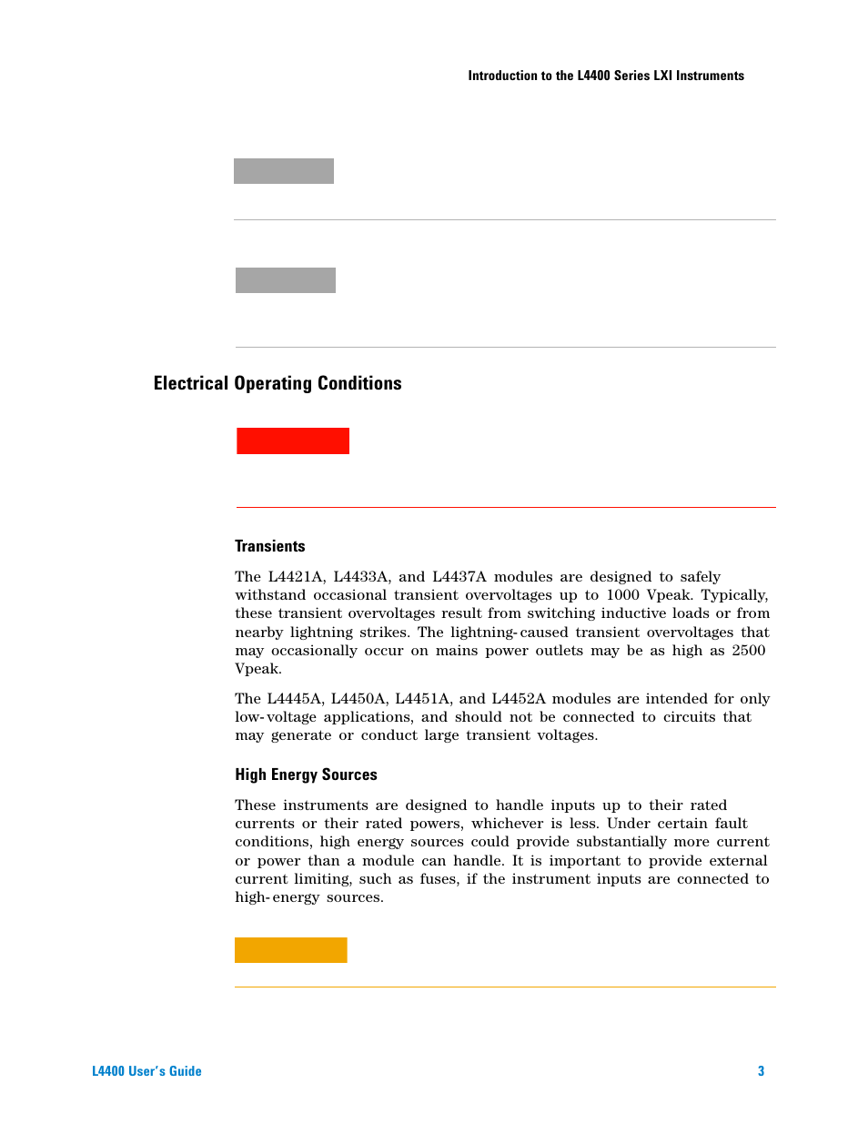 Transients, High energy sources, Electrical operating conditions | Agilent Technologies L4400 User Manual | Page 15 / 281