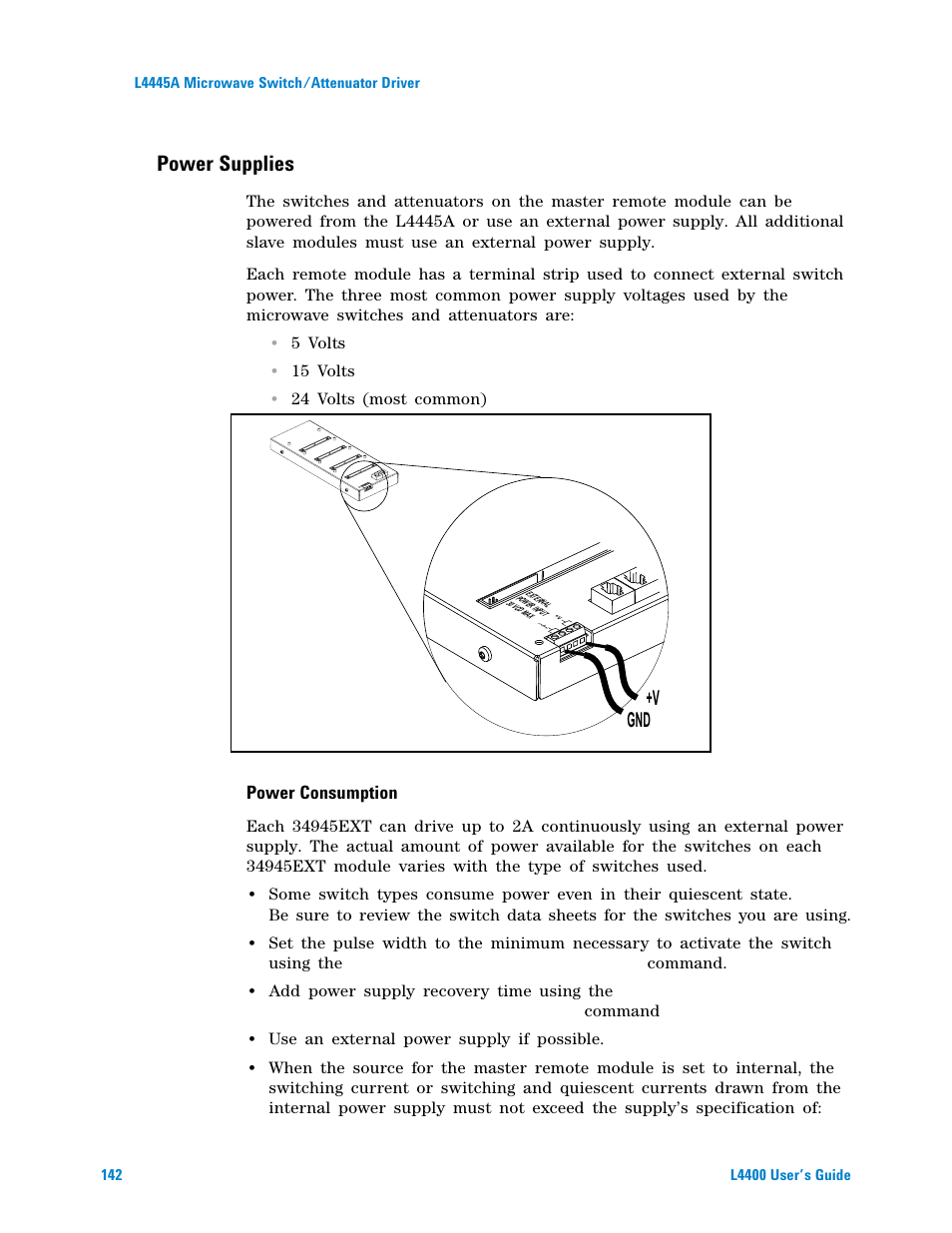 Power consumption, Power supplies, V gnd | Agilent Technologies L4400 User Manual | Page 154 / 281