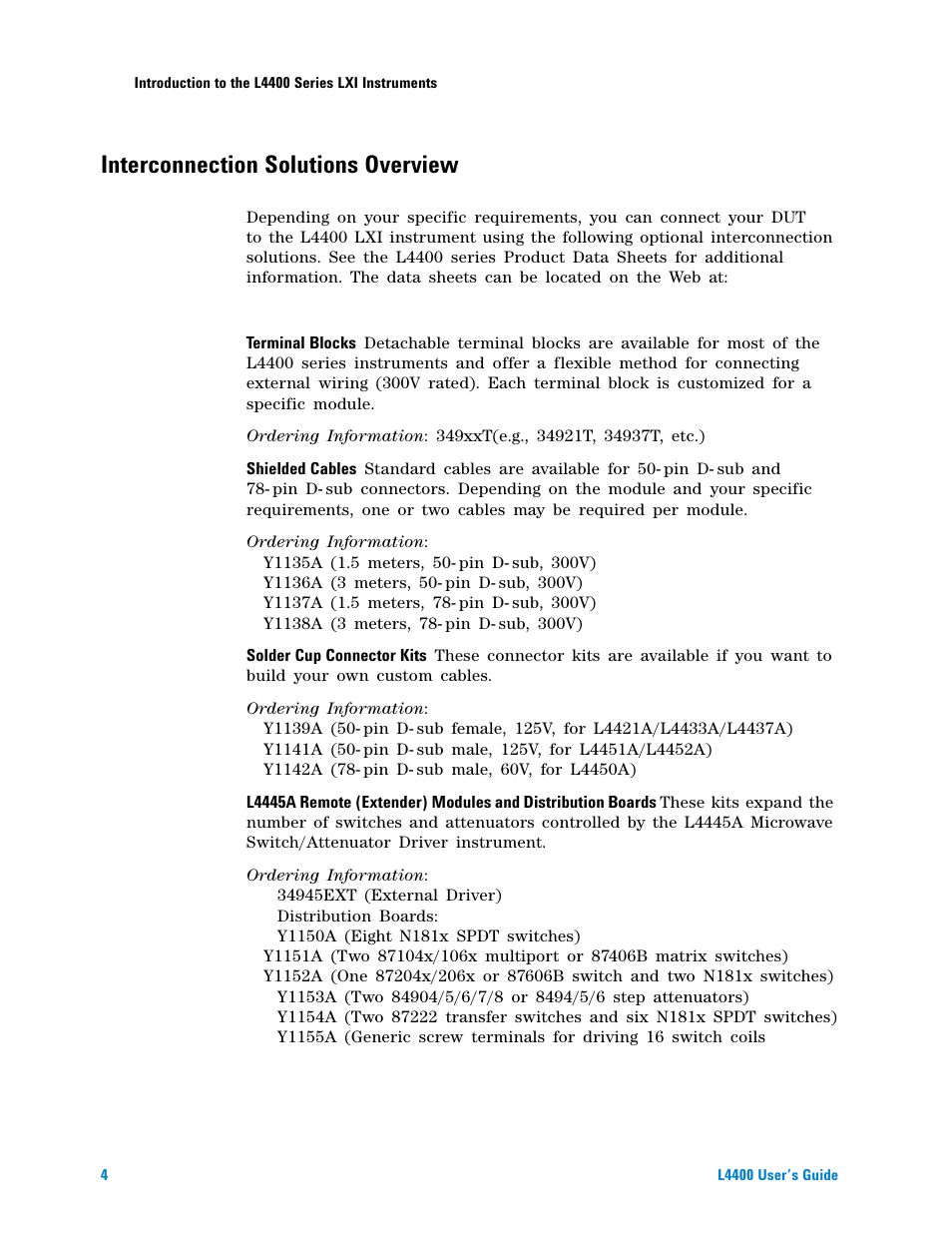 Interconnection solutions overview | Agilent Technologies L4400 User Manual | Page 16 / 281