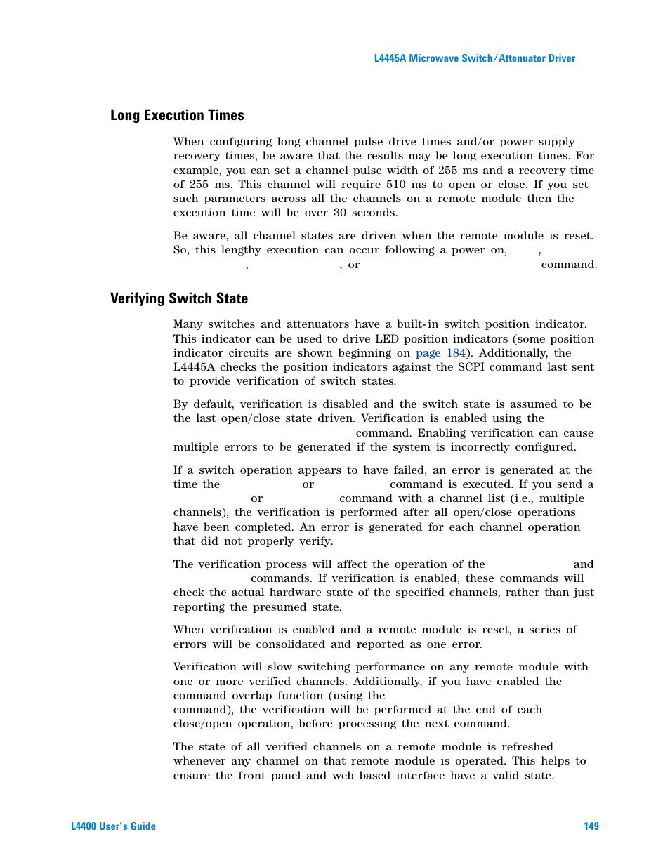 Long execution times, Verifying switch state, Verification (see | Agilent Technologies L4400 User Manual | Page 161 / 281