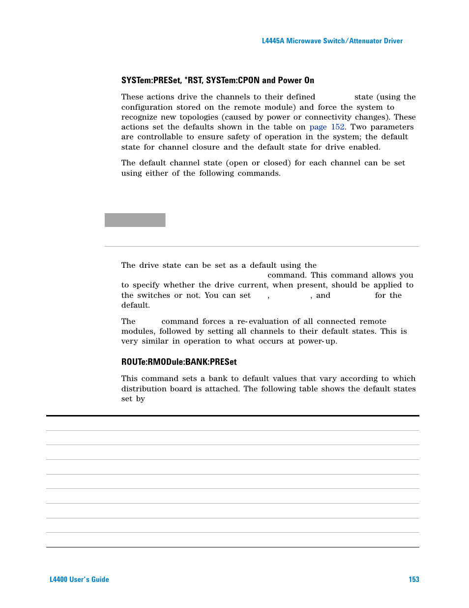 System:preset, *rst, system:cpon and power on, Route:rmodule:bank:preset | Agilent Technologies L4400 User Manual | Page 165 / 281