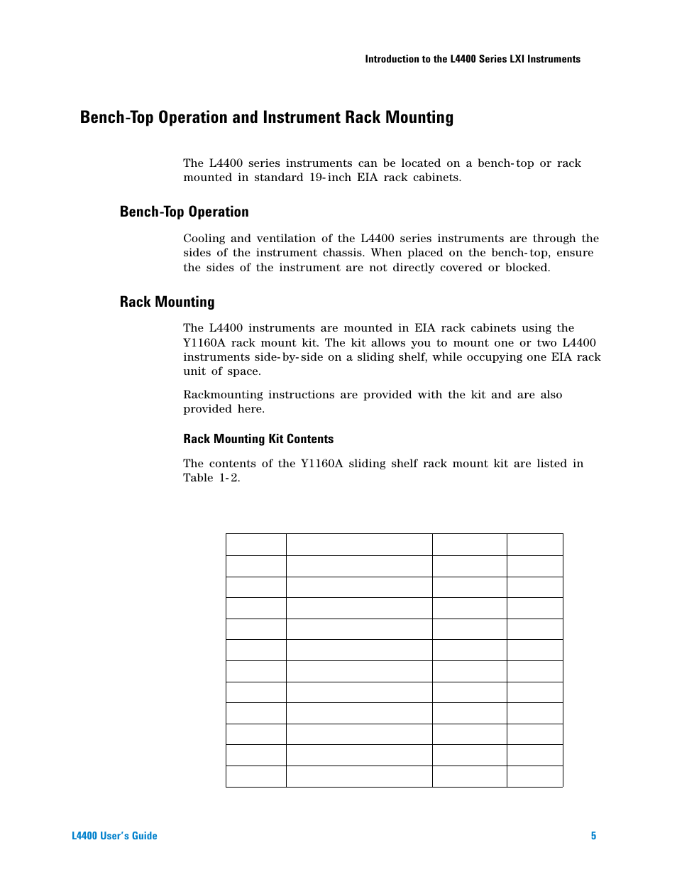 Bench-top operation and instrument rack mounting, Rack mounting kit contents, Bench-top operation | Rack mounting | Agilent Technologies L4400 User Manual | Page 17 / 281