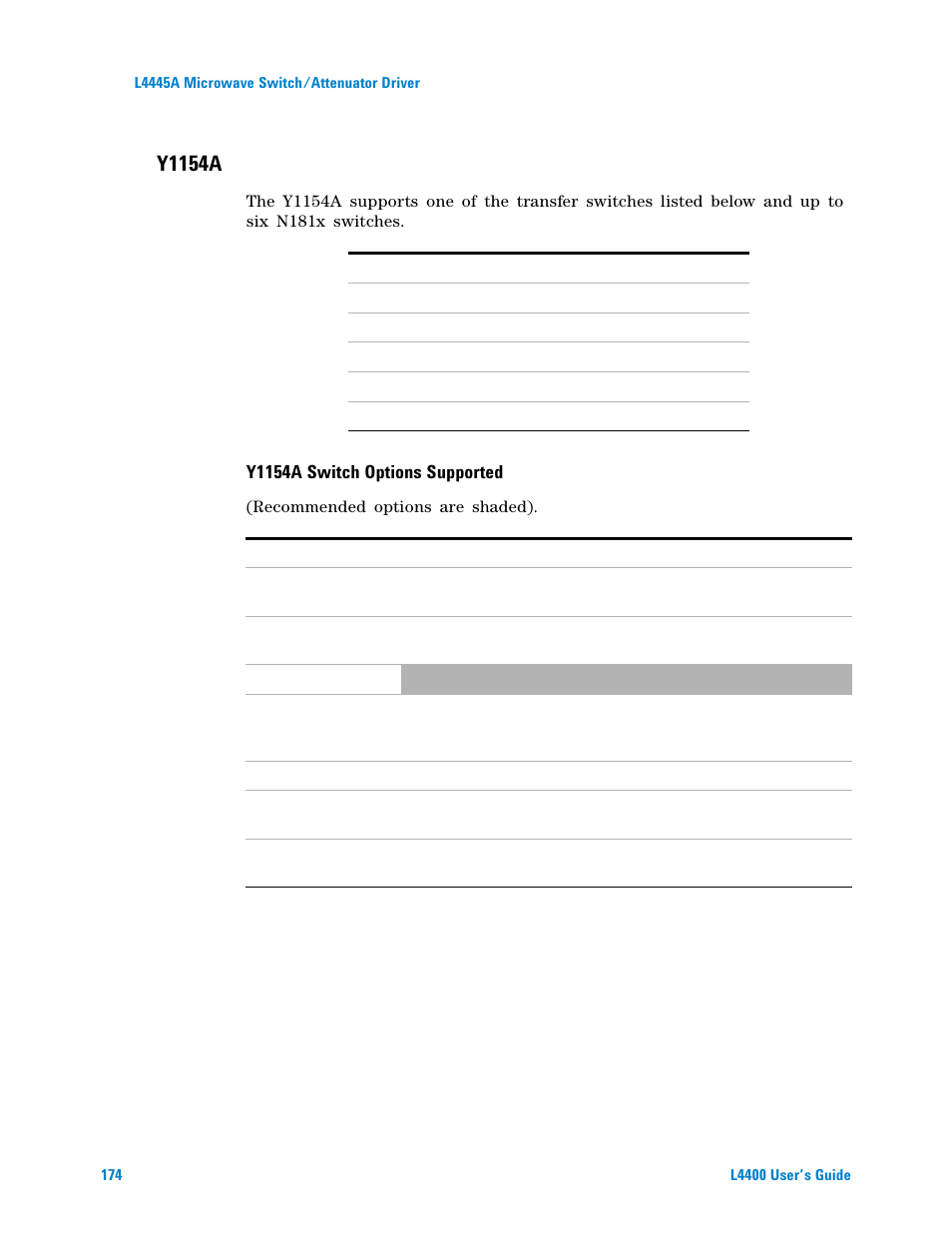Y1154a switch options supported, Y1154a | Agilent Technologies L4400 User Manual | Page 186 / 281