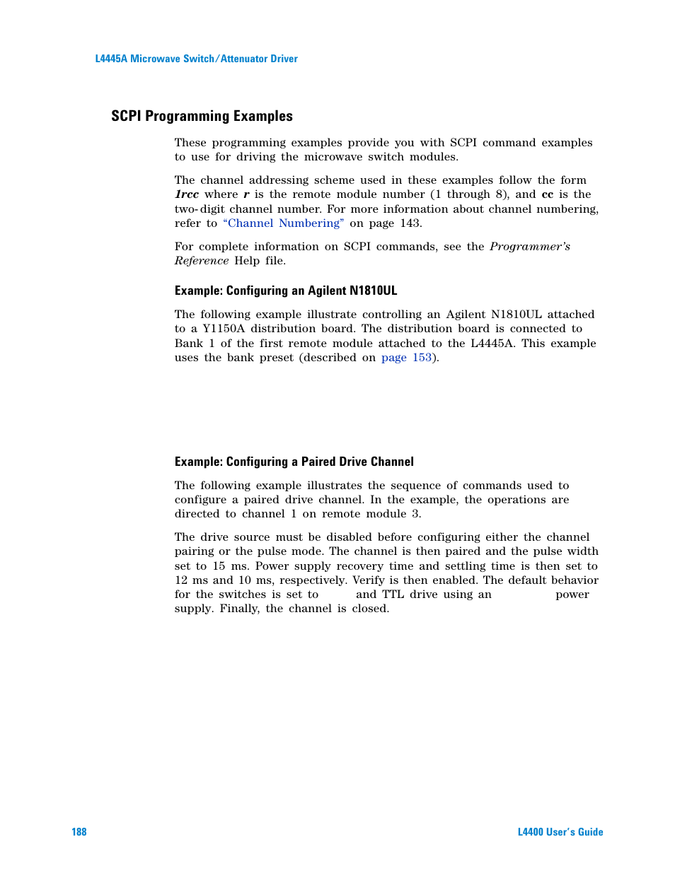 Example: configuring an agilent n1810ul, Example: configuring a paired drive channel, Scpi programming examples | Agilent Technologies L4400 User Manual | Page 200 / 281