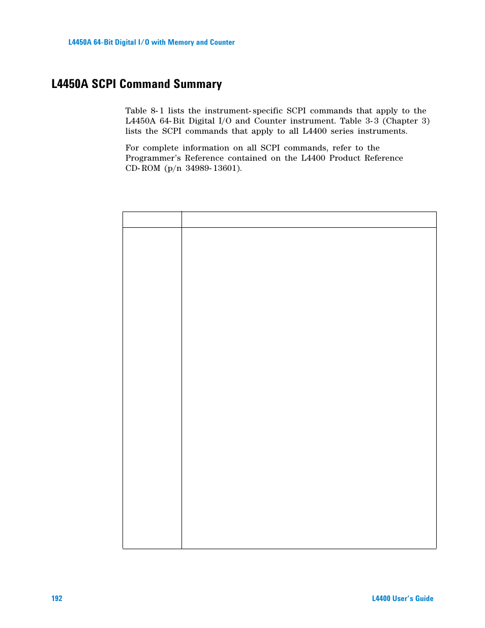 L4450a scpi command summary, Table 8-1. l4450a scpi command summary | Agilent Technologies L4400 User Manual | Page 204 / 281