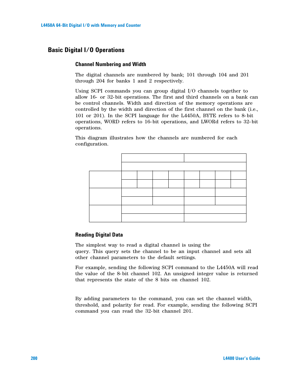 Channel numbering and width, Reading digital data, Basic digital i/o operations | Agilent Technologies L4400 User Manual | Page 212 / 281