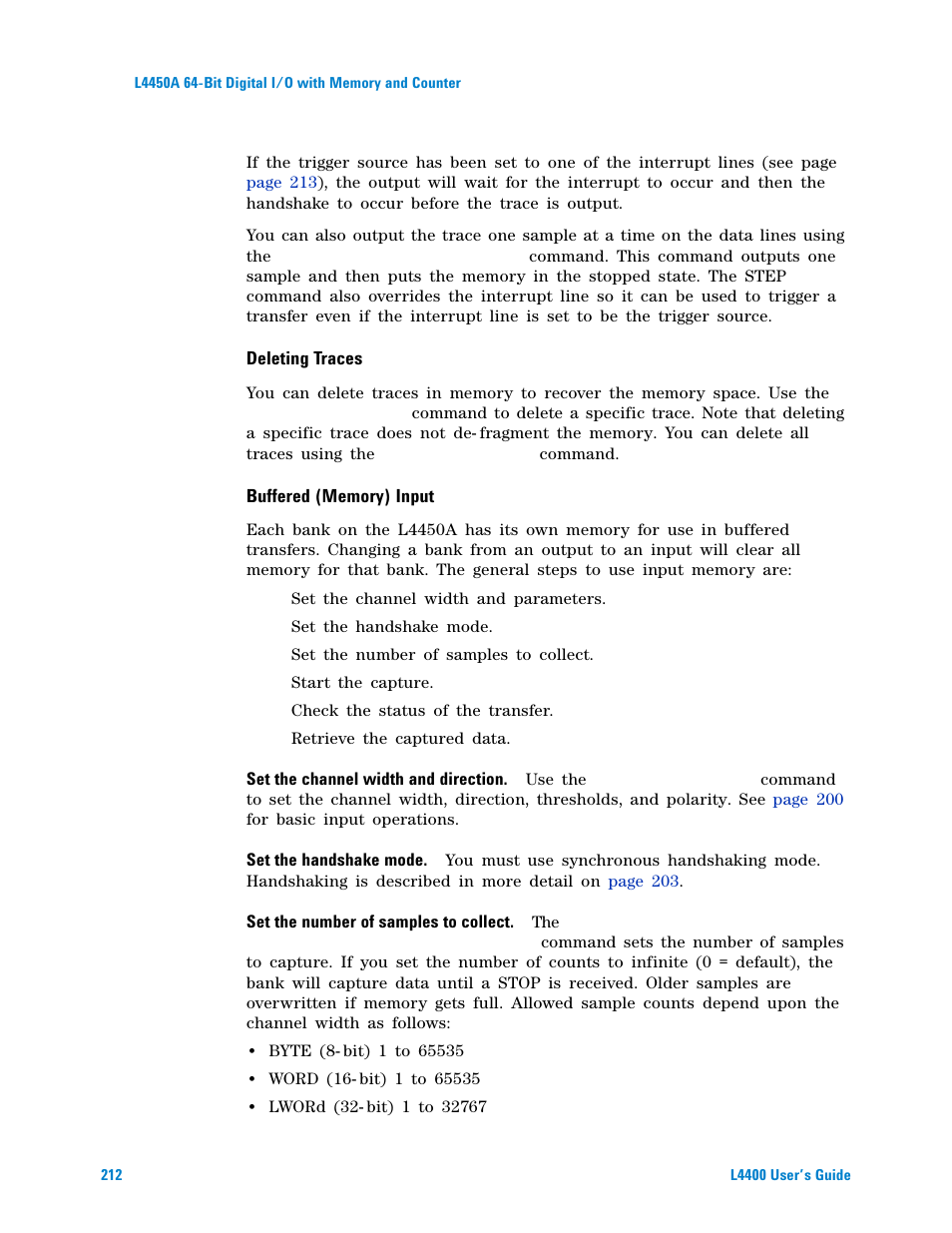 Deleting traces, Buffered (memory) input | Agilent Technologies L4400 User Manual | Page 224 / 281