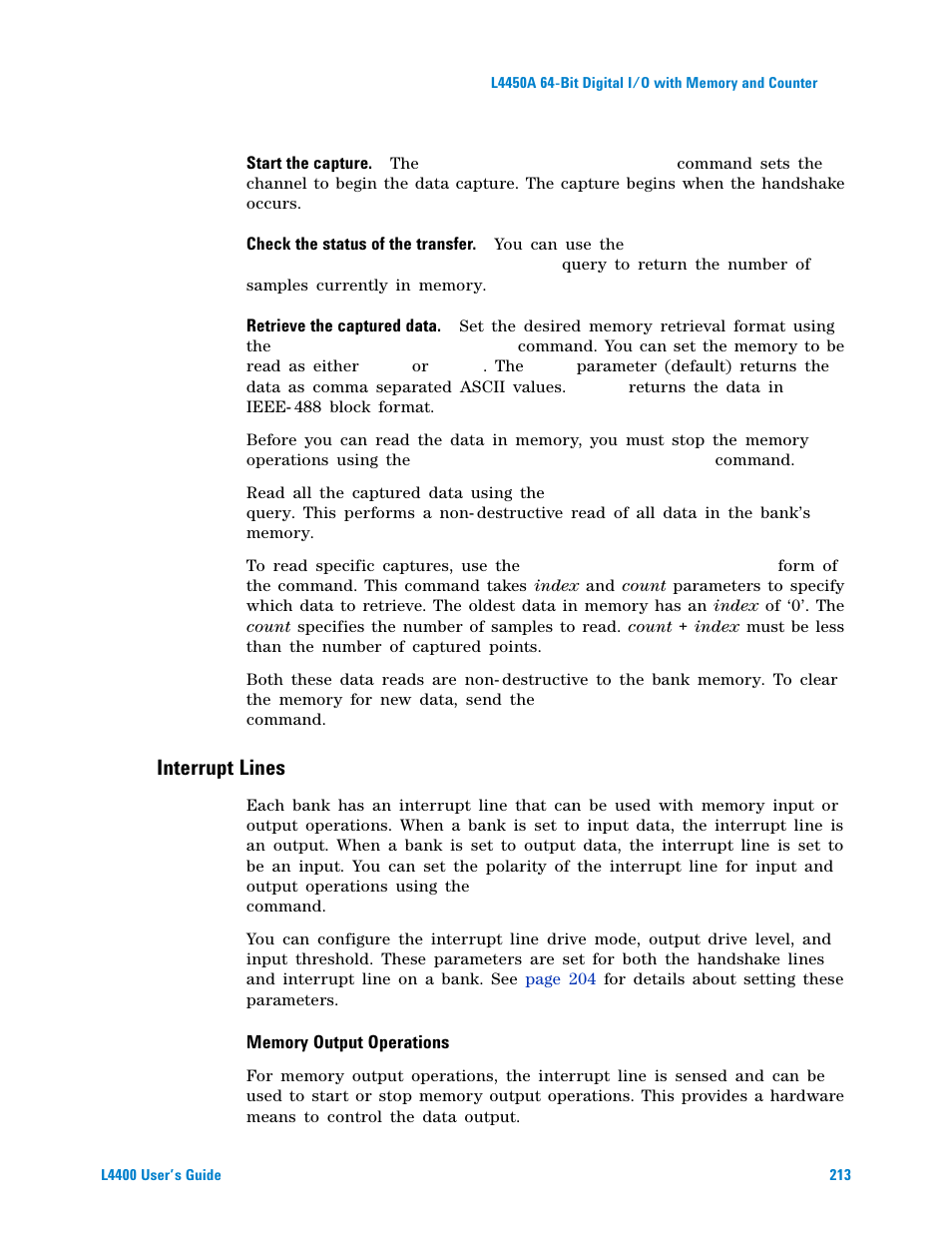 Memory output operations, Interrupt lines | Agilent Technologies L4400 User Manual | Page 225 / 281