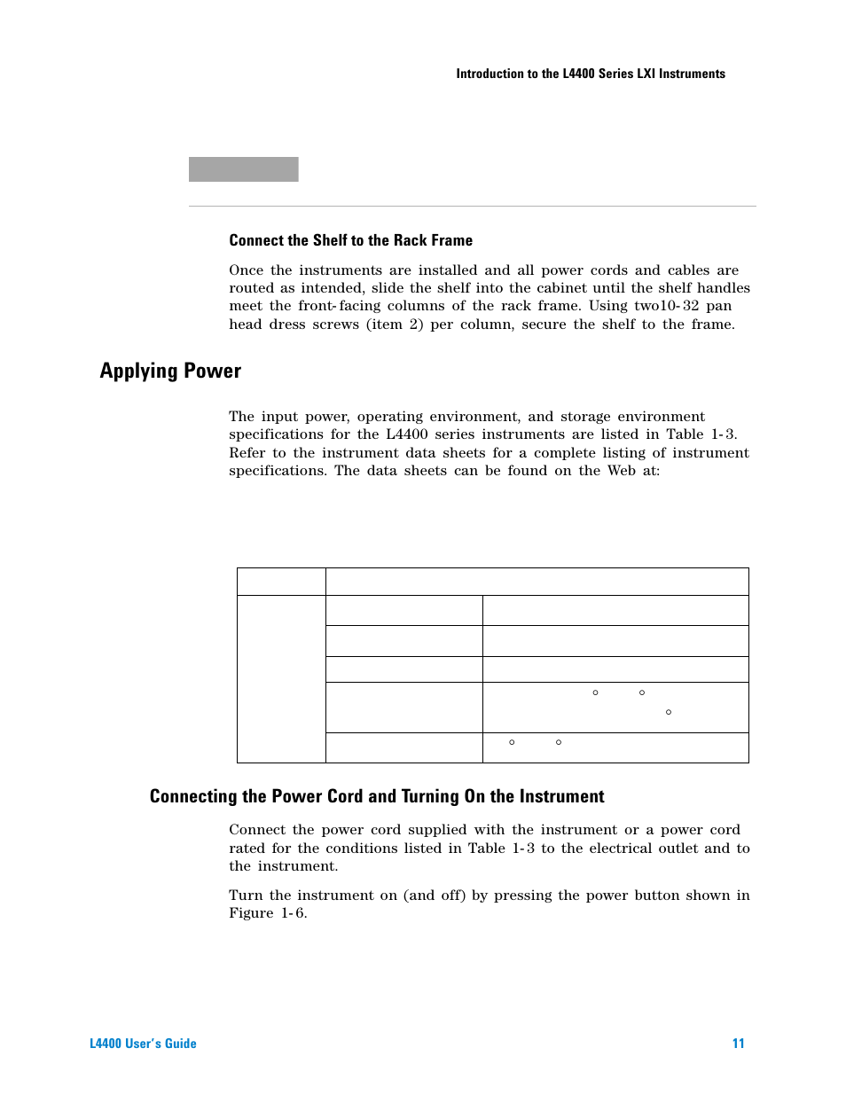 Connect the shelf to the rack frame, Applying power | Agilent Technologies L4400 User Manual | Page 23 / 281