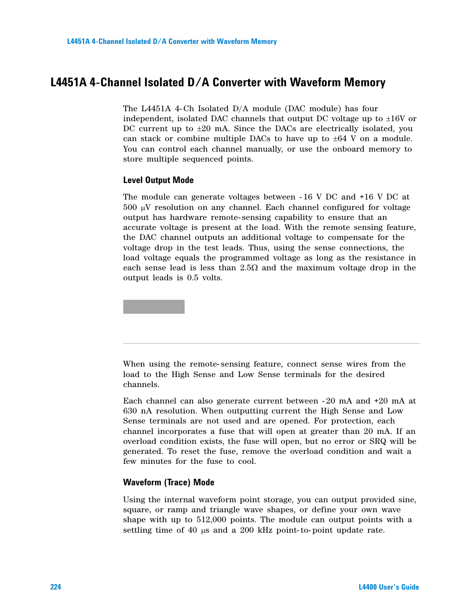 Level output mode, Waveform (trace) mode, Memory | Agilent Technologies L4400 User Manual | Page 236 / 281