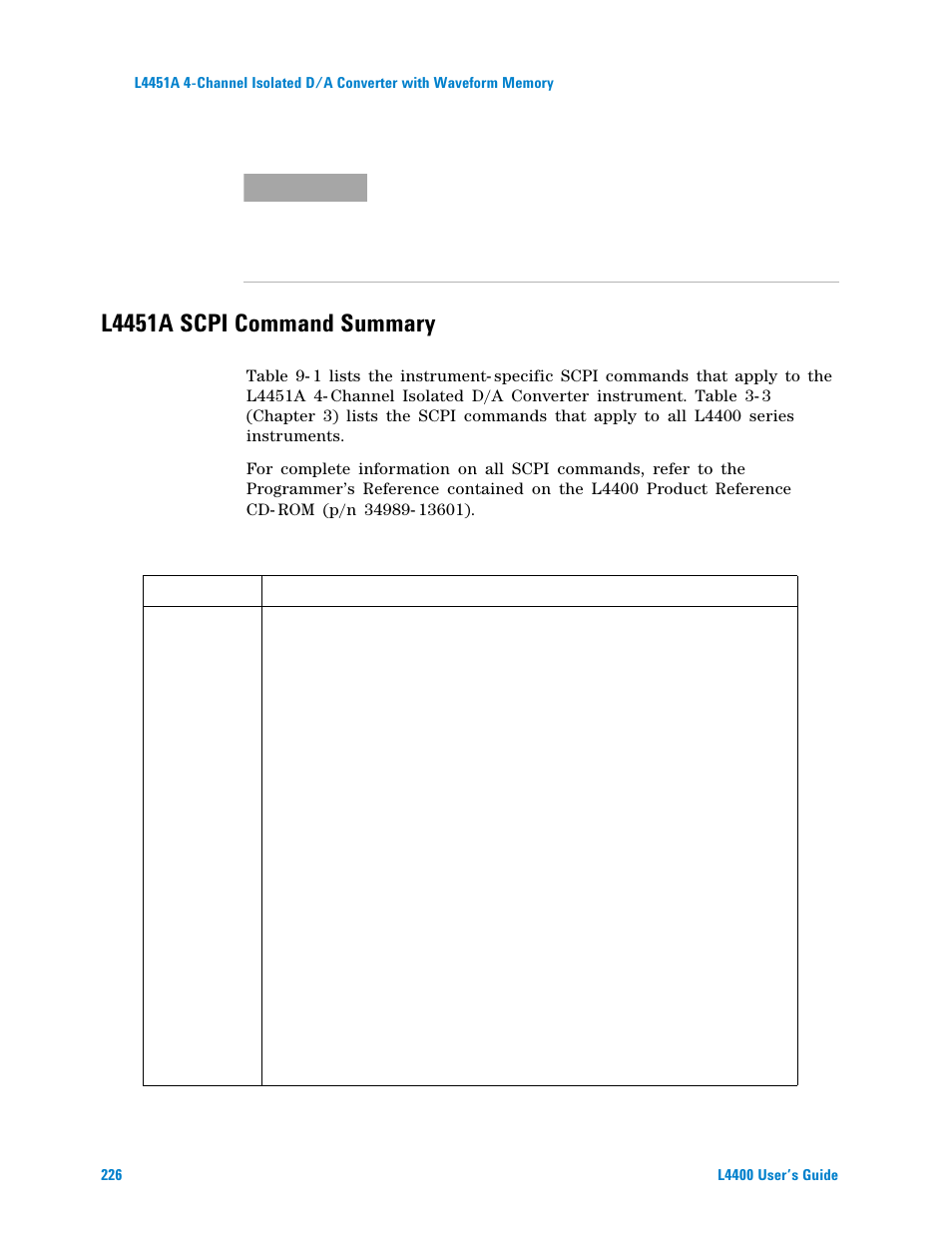 L4451a scpi command summary, Table 9-1. l4451a scpi command summary | Agilent Technologies L4400 User Manual | Page 238 / 281