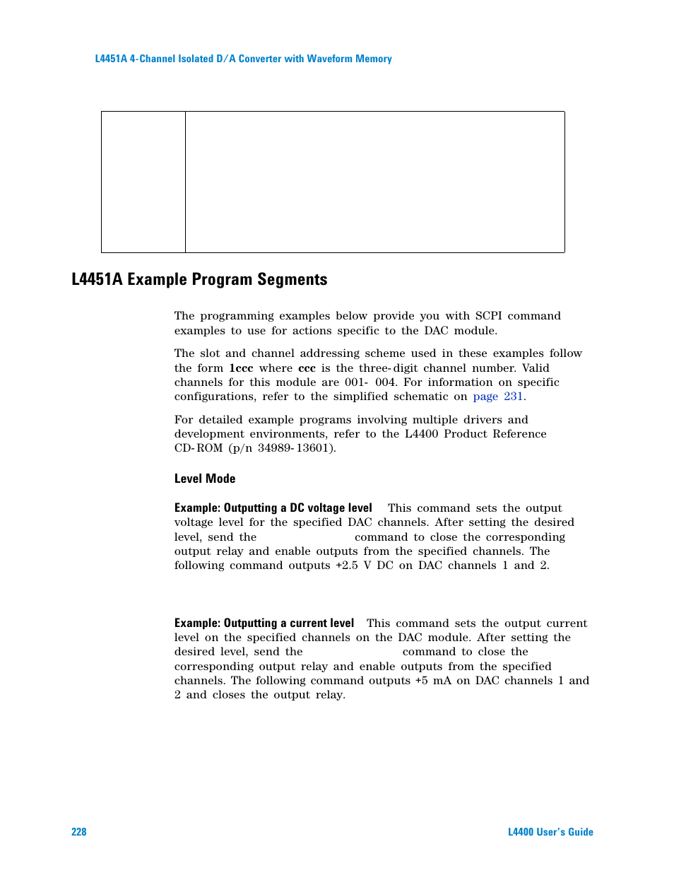 L4451a example program segments, Level mode | Agilent Technologies L4400 User Manual | Page 240 / 281