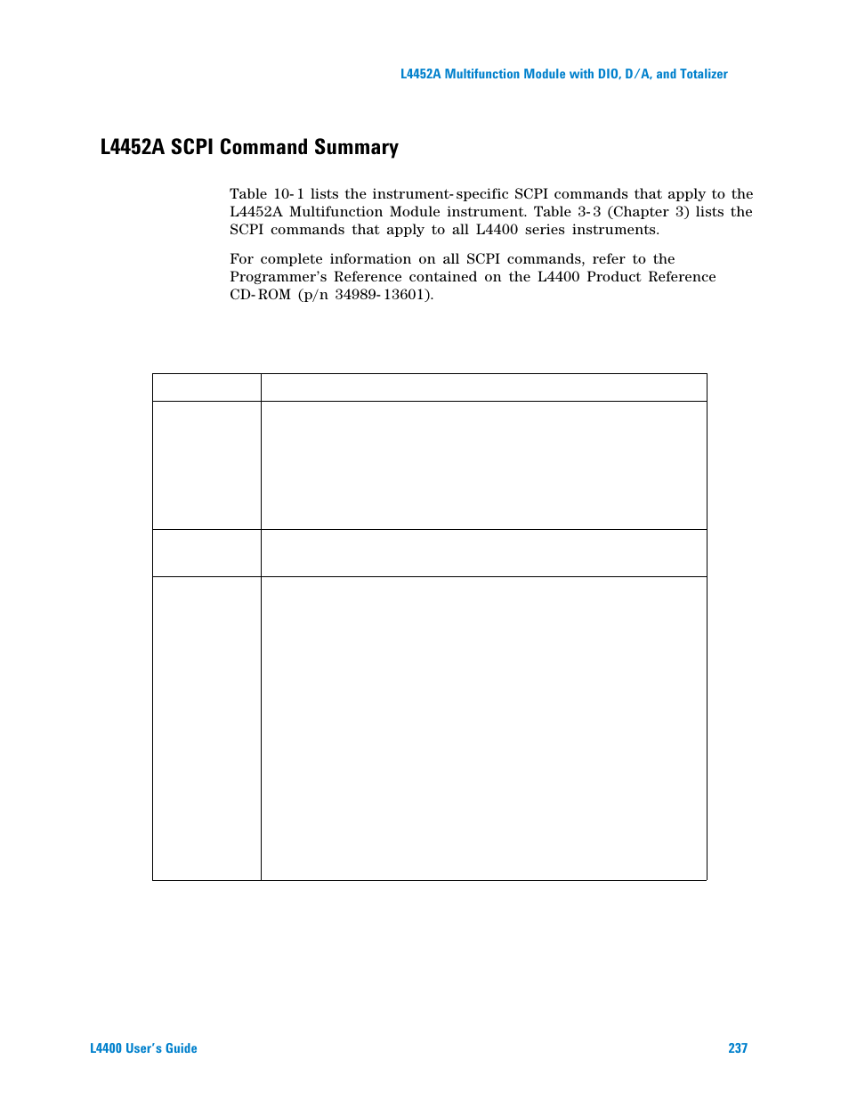 L4452a scpi command summary, Table 10-1. l4452a scpi command summary | Agilent Technologies L4400 User Manual | Page 249 / 281