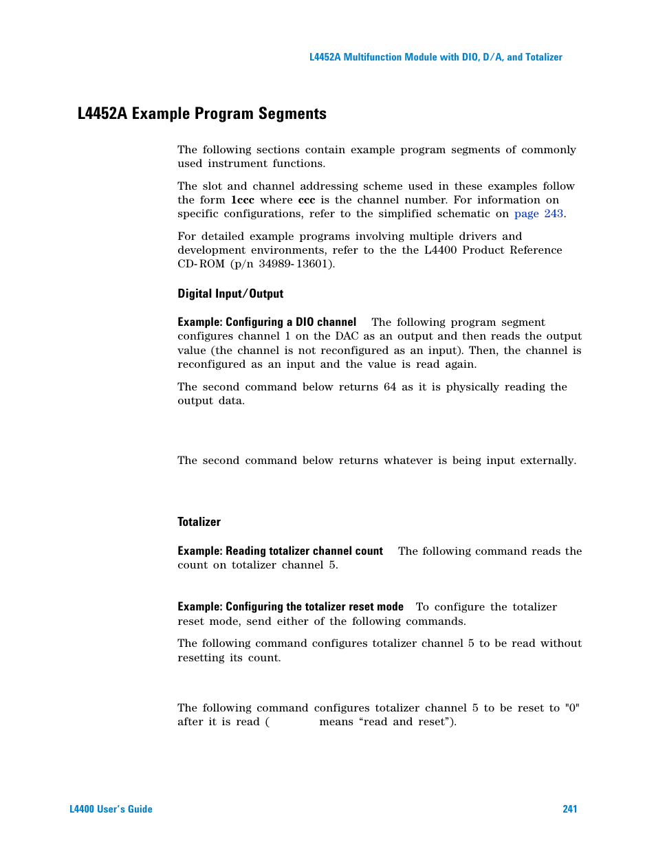 L4452a example program segments, Digital input/output, Totalizer | Agilent Technologies L4400 User Manual | Page 253 / 281