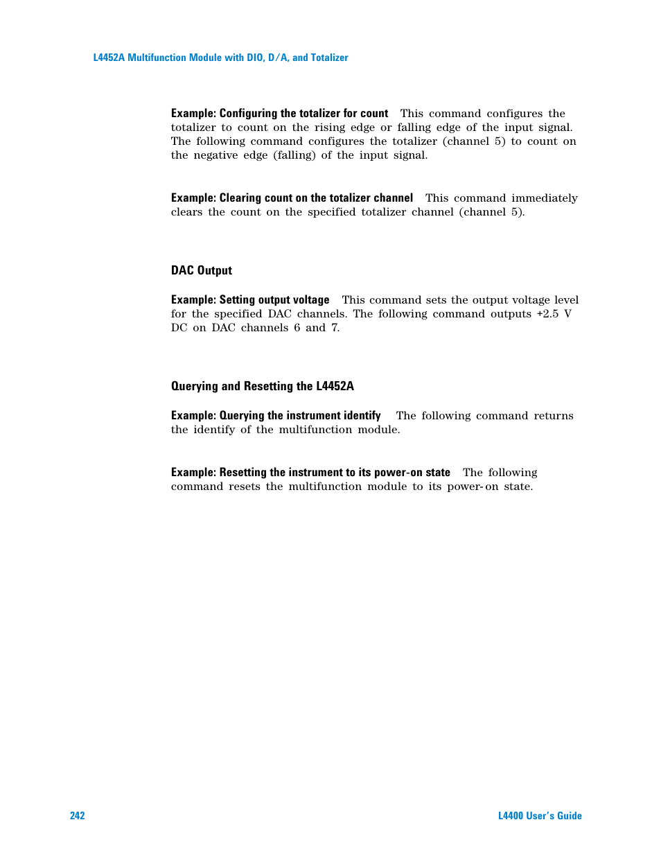 Dac output, Querying and resetting the l4452a | Agilent Technologies L4400 User Manual | Page 254 / 281